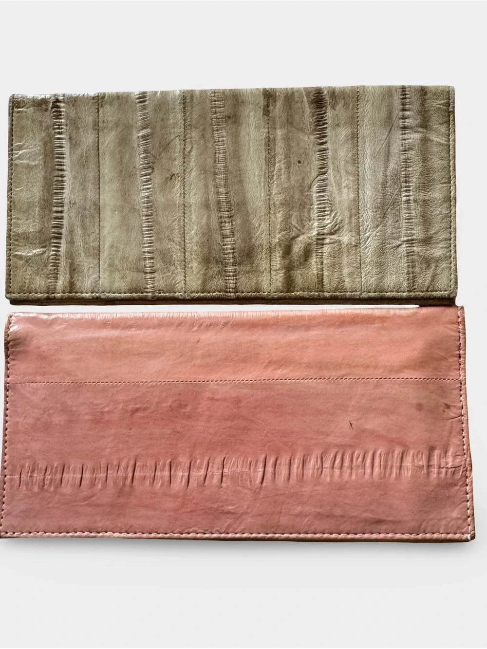Lot 2 Vintage Eel Skin Long Billfold Wallet Pink Taupe 1980s Checkbook Cover